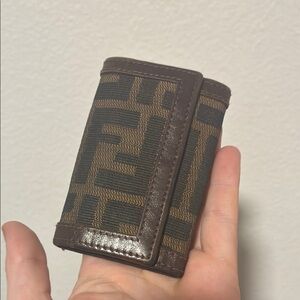 Fendi Canvas F Logo Leather Brown Tan Black Key Holder Wallet